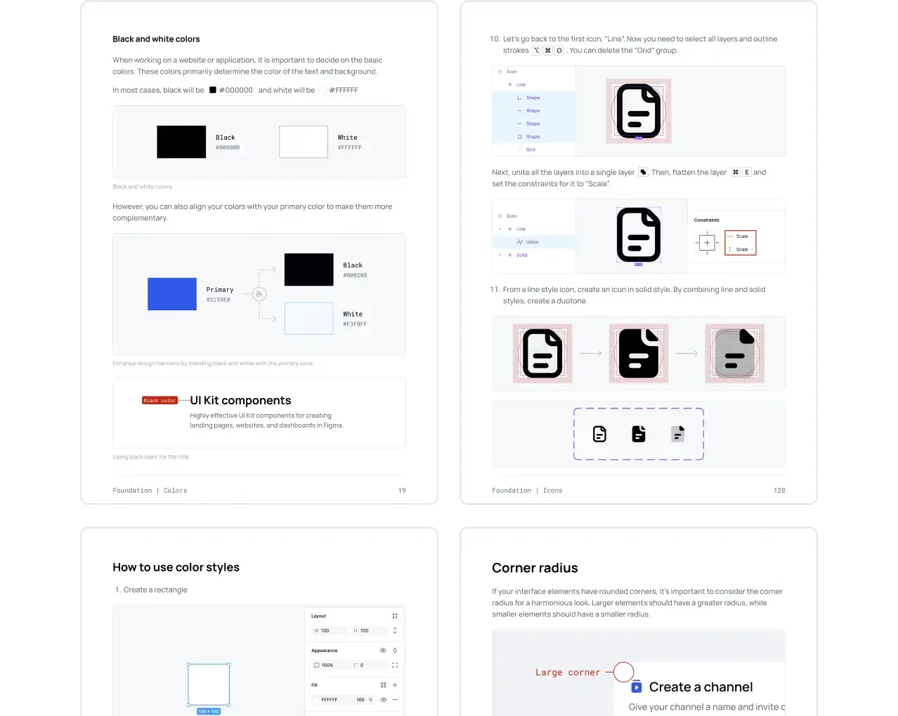 Pages from a book detailing the 'Foundation' section, featuring color styles, corner radius settings, and icons for design customization.