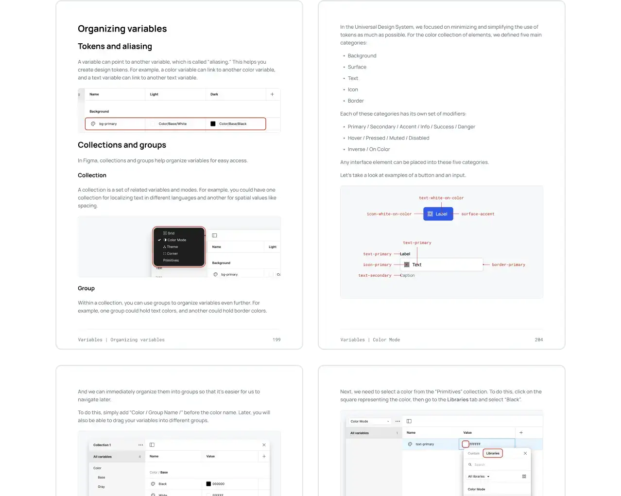 Pages from a book detailing the 'Variables in Figma' section, including parts on organization and creation, with images and instructions for using variables in design projects.