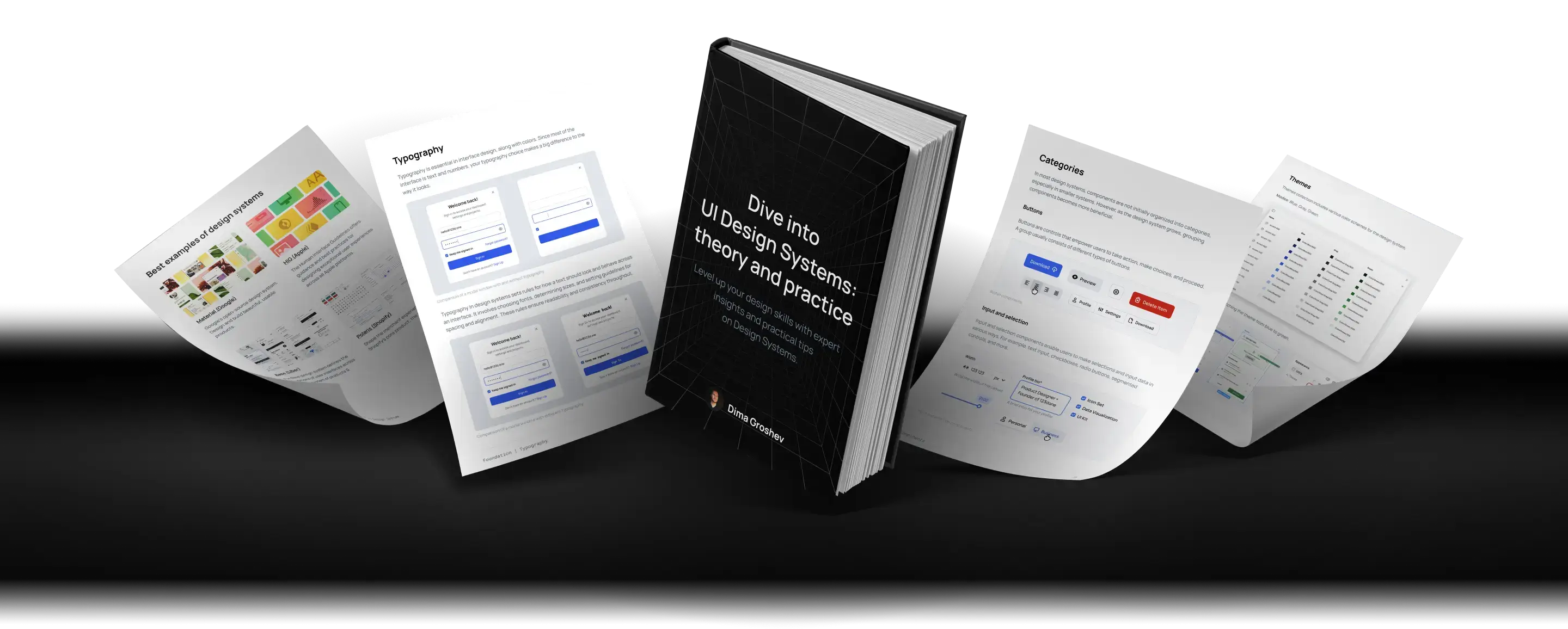 A book titled 'Dive into UI Design Systems: Theory and Practice' with pages showing design examples, typography, and UI components.