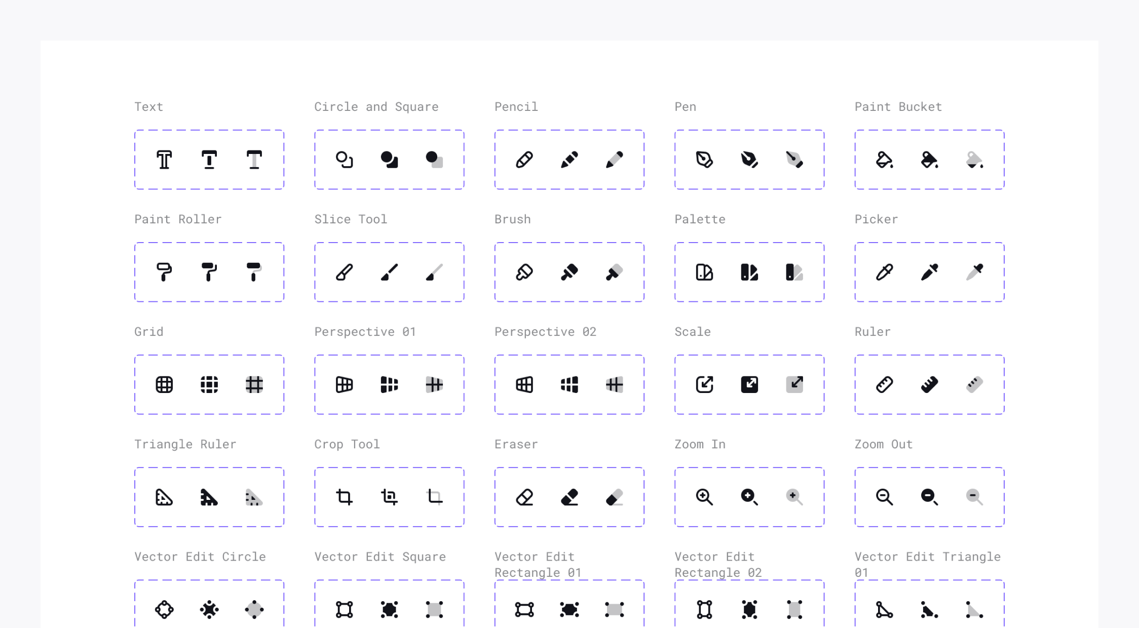 Design icon set in Universal Icon Set in Figma. Icons for text, circle and square, pencil, pen, paint bucket, paint roller, slice tool, brush, palette, picker, grid, perspective, scale, ruler, triangle ruler, crop tool, eraser, zoom in, zoom out, vector edit circle, vector edit square, and vector edit triangle.
