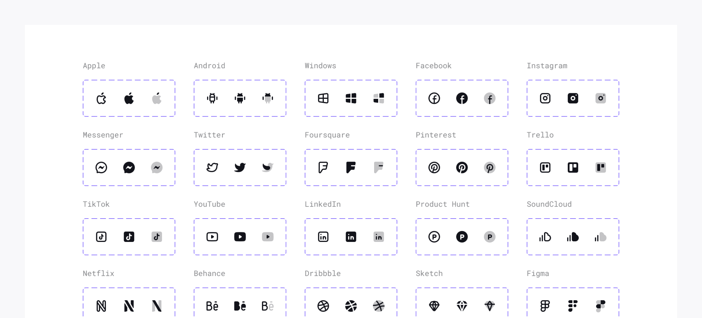 Social Media and Brands icon set in Universal Icon Set in Figma. Icons for various brands and social media platforms, including Apple, Android, Windows, Facebook, Instagram, Messenger, Twitter, Foursquare, Pinterest, Trello, TikTok, YouTube, LinkedIn, Product Hunt, SoundCloud, Netflix, Behance, Dribbble, Sketch, and Figma.