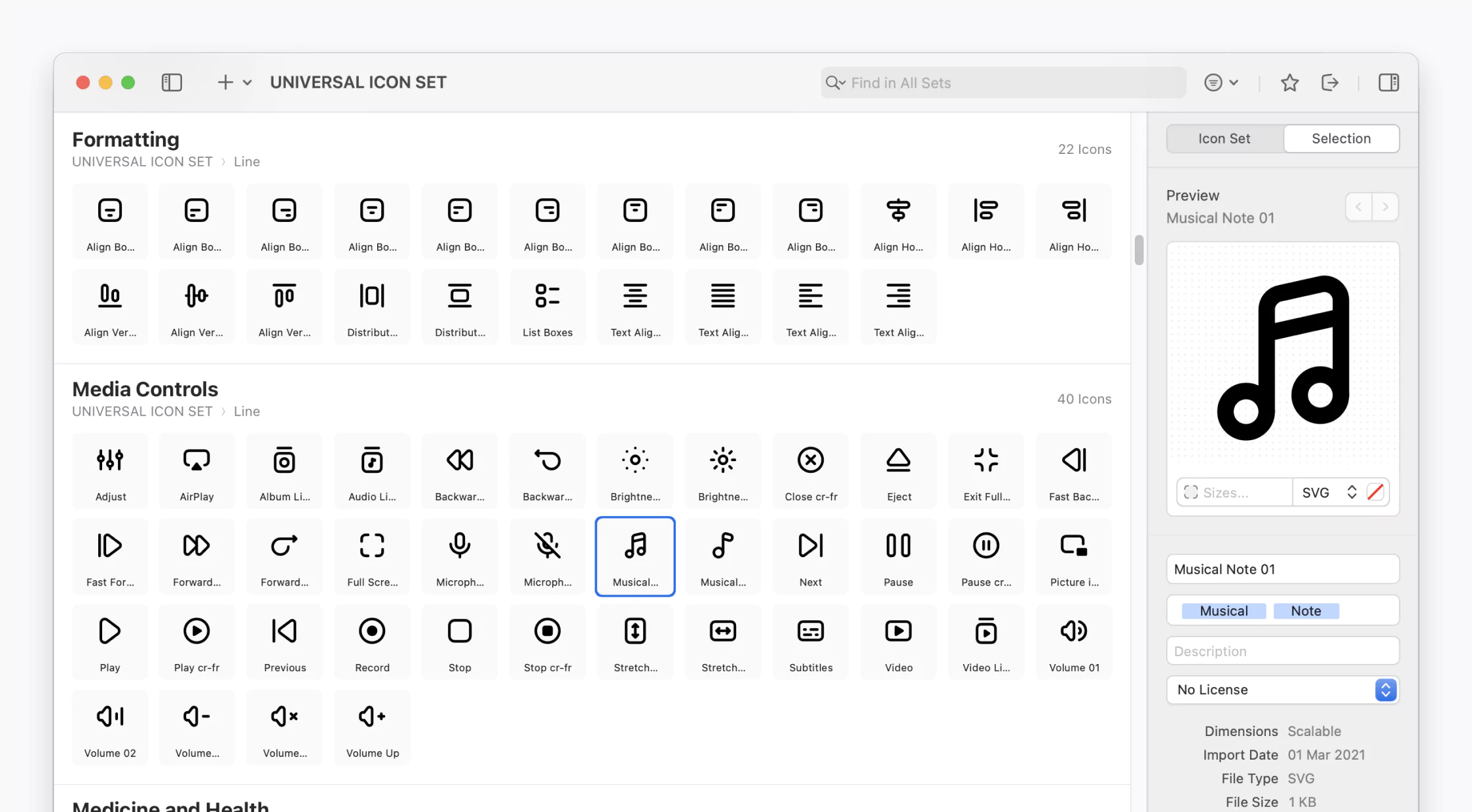 A screenshot of the IconJar interface showing the Universal Icon Set. Categories include Formatting and Media Controls.