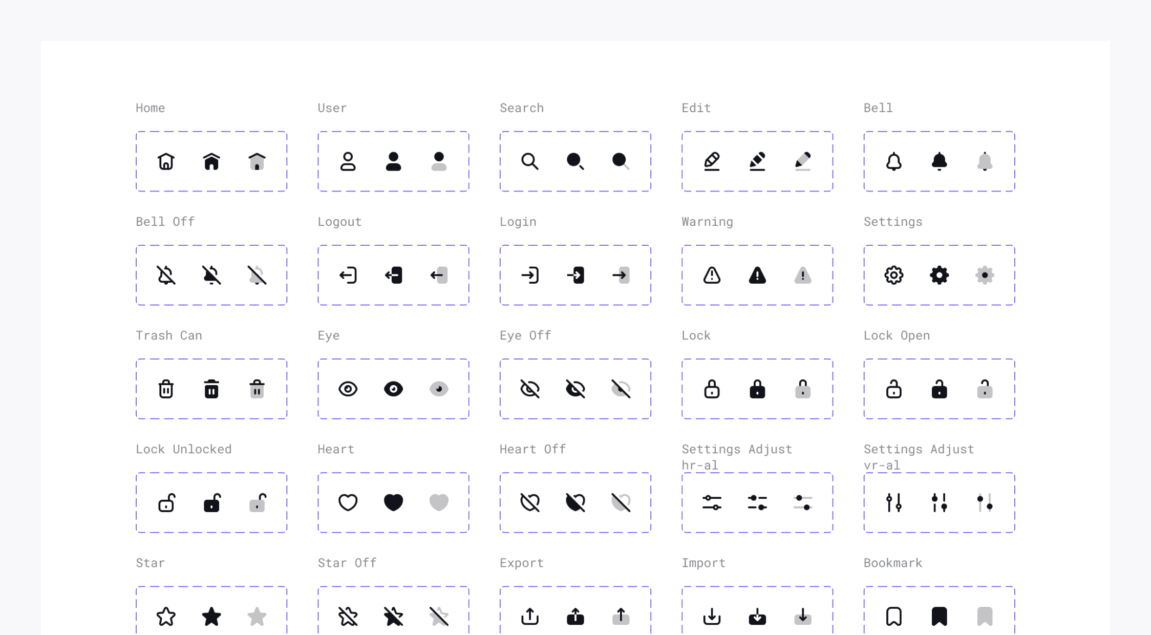 New icons in Universal Icon Set in Figma. Icons for home, user, search, edit, bell, logout, login, warning, settings, trash can, eye, lock, heart, star, export, import, and bookmark, each with multiple variations.