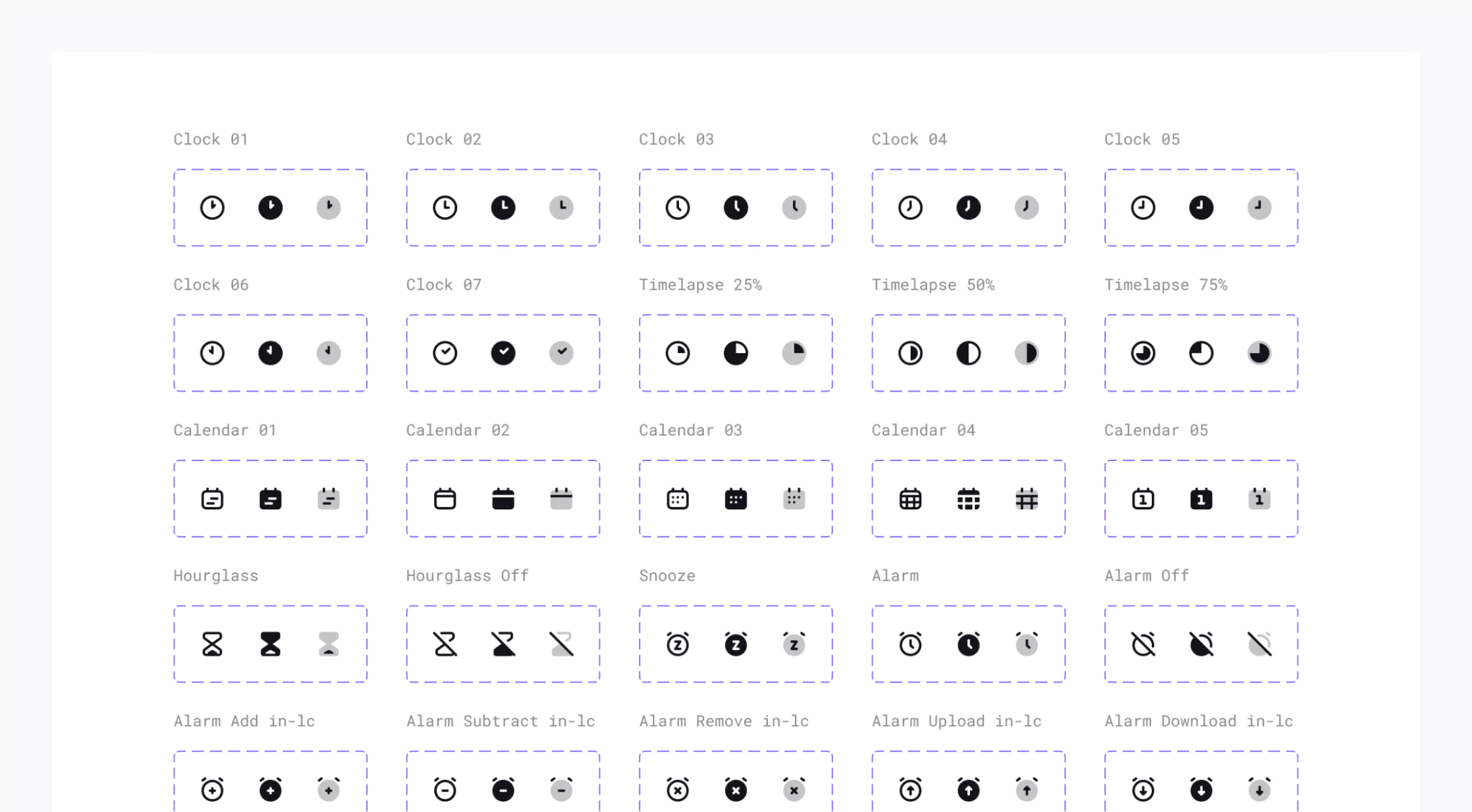 Date and Time icon set in Universal Icon Set in Figma. A set of date and time symbols, including various clocks, timelapse indicators, calendars, hourglasses, snooze, and alarm icons, each with different variations.